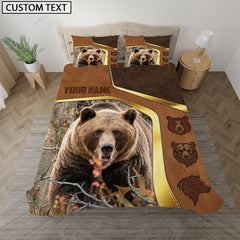 Maxcorners Custom Text Bear Hunting Grass Brown Camo Leather Pattern Version 2 Golden Line Bedding Set 3D All Over Printed