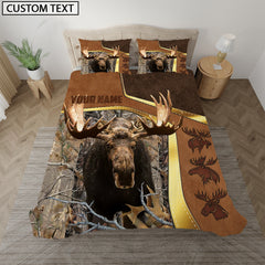 Maxcorners Custom Text Moose Hunting Grass Brown Camo Leather Pattern Version 2 Golden Line Bedding Set 3D All Over Printed