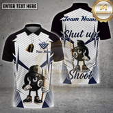 Maxcorners billiards shirt with 8 ball cartoon mascot in cap holding cue, navy and white striped design, Shut Up and Shoot slogan, custom team name and name unisex 3D shirt