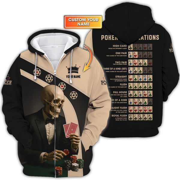 Personalized Name Skeleton Playing Poker Shirts, Funny Poker T-Shirt, Men’s Poker Polos