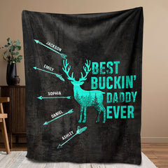 Maxcorners Personalized Hunting Dad Blanket, Custom Names Soft Cozy Sherpa Fleece Throw Blankets, Best Buckin Dad Ever Blanket, Gift for Dad, Grandpa | Cyan LM1711