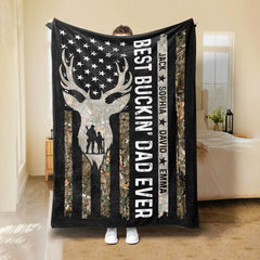Maxcorners Personalized Hunting Dad Blanket, Custom Kids Names Soft Cozy Sherpa Fleece Throw Blankets, Deer Blanket, Fathers Day Gift for Dad, Grandpa | Black LM1711