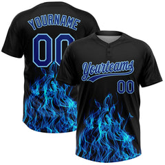 Maxcorners Custom Black Royal-Light Blue Flame 3D Pattern Two-Button Unisex Softball Jersey LM0609
