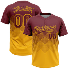 Maxcorners Custom Burgundy Gold 3D Gradient Square Shape Two-Button Unisex Softball Jersey LM0609