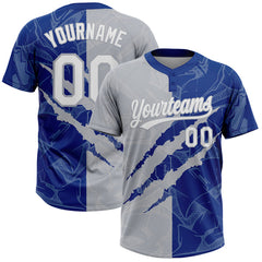 Maxcorners Custom Graffiti Pattern White Royal-Gray 3D Scratch Two-Button Unisex Softball Jersey LM0609