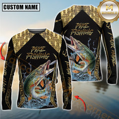 Maxcorners Golden Pike Fishing Shirt Jumping Fish Design Personalized Name, Team Name 3D Long Sleeve Shirt