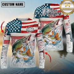 Maxcorners Pike Fishing American Flag Splash Design Personalized Name, Team Name 3D Long Sleeve Shirt