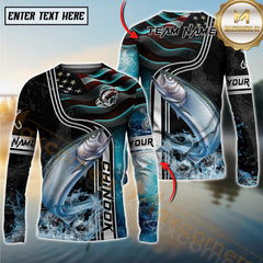 Maxcorners Saltwater Fishing Jumping Fish American Flag Wave Splash Personalized Name, Team Name 3D Long Sleeve Shirt