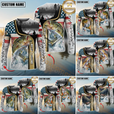 Maxcorners Freshwater Fishing Giant Fish Water Splash American Flag Landscape Personalized Name, Team Name 3D Long Sleeve Shirt