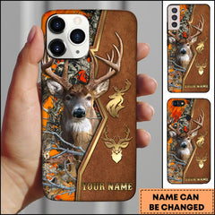 Maxcorners Deer Hunting Leather Gold Emblem Personalized Name Phone Case - Orange