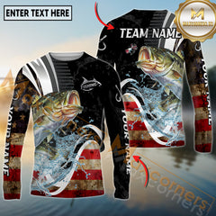 Maxcorners Freshwater Fishing American Flag Splash Art Personalized Name, Team Name 3D Long Sleeve Shirt