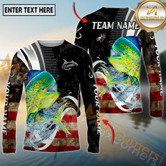 Maxcorners Saltwater Fishing American Flag Splash Art Personalized Name, Team Name 3D Long Sleeve Shirt