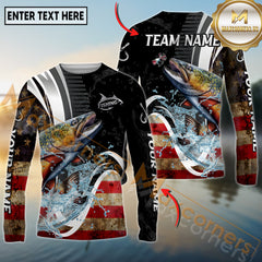 Maxcorners Freshwater Fishing American Flag Splash Art Personalized Name, Team Name 3D Long Sleeve Shirt