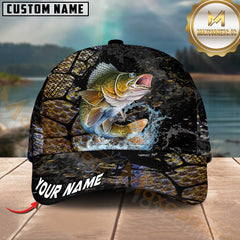 Maxcorners Fishing Cracked Texture Gold Black Splash Graphic Personalized Name 3D Cap (13 Options)