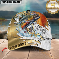 Maxcorners Fishing Scale Pattern Gold Accent Water Splash Personalized Name 3D Cap (13 Options)