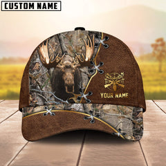Maxcorners Hunting Camo Leather Stitch Buck Head Multi Options Personalized Name 3D Cap (6 Options)