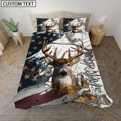Maxcorners Deer Hunting American Flag Rustic Style Personalized Name Bedding Set 3D All Over Printed