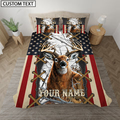 Maxcorners Deer American Flag Camo White Personalized Name Bedding Set 3D All Over Printed