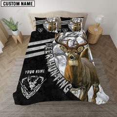 Maxcorners Whitetail Deer Hunting White Camo Black Personalized Name Bedding Set 3D All Over Printed
