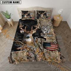 Maxcorners Deer Hunting American Flag Grass Brown Camo Personalized Name Bedding Set 3D All Over Printed