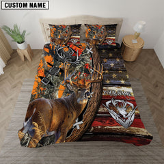 Maxcorners Hunting Deer American Flag Camouflage Rustic Wood Personalized Name Bedding Set 3D All Over Printed| Orange