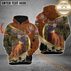 Maxcorners Buck Deer Camo Leather Golden Frame Forest Silhouette Personalized Name 3D Hoodie