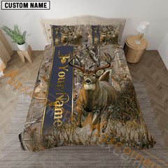 Maxcorners Deer Hunting Bedding Set Realistic Buck Scene Personalized Name Bedding Set 3D All Over Printed