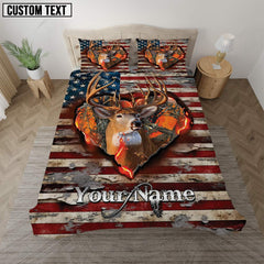Maxcorners Buck Deer American Flag Rustic Burning Heart Cut-Out Personalized Name Bedding Set 3D All Over Printed