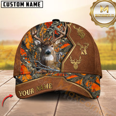 Maxcorners Deer Buck Camo Leather Golden Antler Icons Multicolor Options Personalized Name 3D Cap