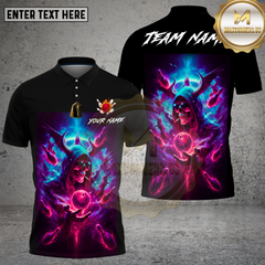 Maxcorners Bowling Neon Demon Skull Cosmic Art Multi Options Personalized Name, Team Name Unisex 3D Shirt (4 Colors)
