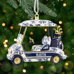 Maxcorners Custom Name Toile de Jouy Mini Golf Cart Christmas Acrylic Ornament, Golf Lover Gift, Christmas Golf Gift