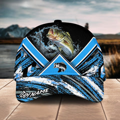 Maxcorners Bass Fishing Blue Tire Triangle Pattern Sport Pattern Personalized Name 3D Cap
