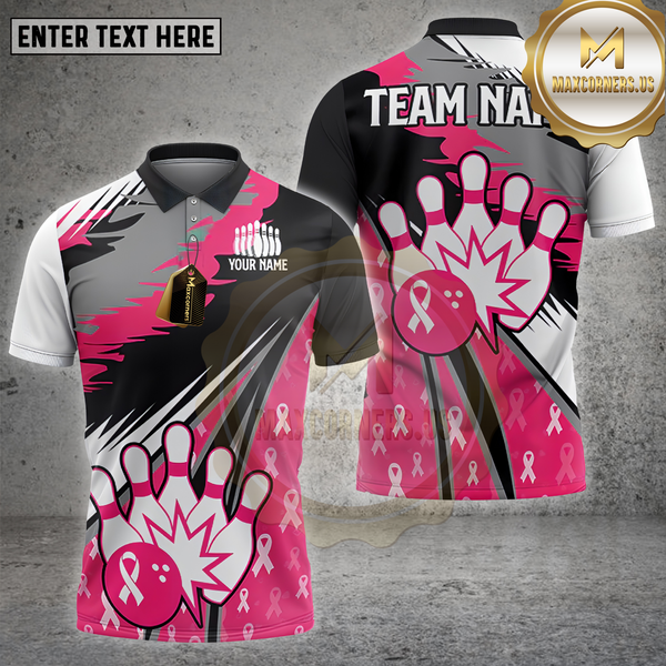 Maxcorners Bowling Shirt Pink Ribbon Awareness Personalized Name, Team Name 3D Shirt