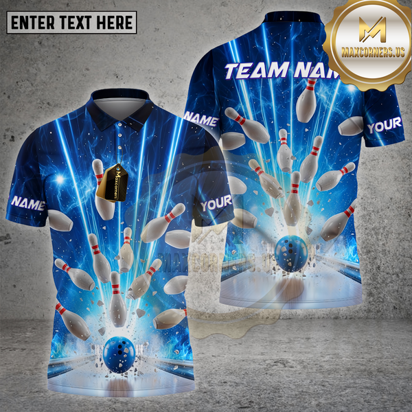Maxcorners Bowling Shirt Blue Lightning Strikes Personalized Name, Team Name 3D Shirt