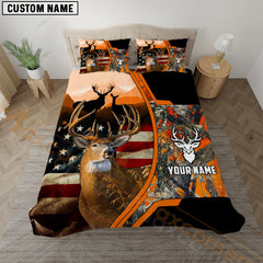 Maxcorners Deer Hunting American Flag Rustic Orange Camo Bedding Set 3D All Over Printed