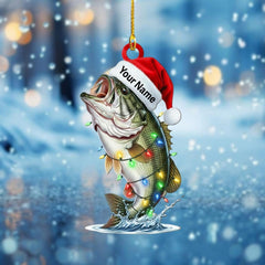 Maxcorners Personalized Bass Fish Christmas Ornament, Custom Name Fishing Gift for Dad/Him, Santa Hat Largemouth Bass Tree Decor