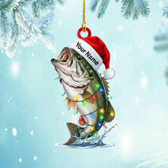 Maxcorners Personalized Bass Fish Christmas Ornament, Custom Name Fishing Gift for Dad/Him, Santa Hat Largemouth Bass Tree Decor