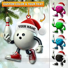 Maxcorners Custom Name Bowling Ball Ornament with Santa Hat, Funny X-Mas Decor for Bowler, Personalized Bowling Gift for League Players & Bowling Fans LM1111