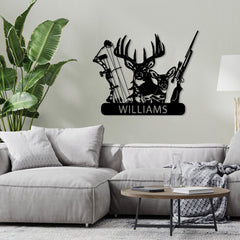 Maxcorners Personalized Deer Hunter Metal Wall Art, Custom Name Bow and Hunting Rifle Sign, Deer Hunting Wall Hanging, Hunter Gift LM0110