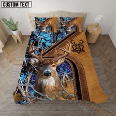 Maxcorners Deer Hunting Blue Real Tree Forest Leather Stripe Bedding Set 3D All Over Printed