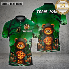 Maxcorners Halloween Bear Bowling Shirt Pumpkin Ball Spooky Graveyard Scene Custom Team Name Personalized Jersey (4 Colors)