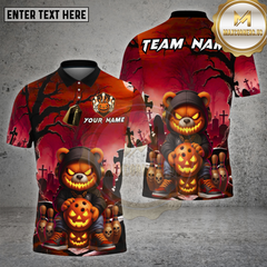 Maxcorners Halloween Bear Bowling Shirt Pumpkin Ball Spooky Graveyard Scene Custom Team Name Personalized Jersey (4 Colors)