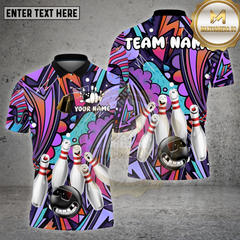 Maxcorners Bowling Shirt Graffiti Neon Cartoon Pins & Smiley Bowling Ball Personalized Name, Team Name 3D Shirt (4 Colors)