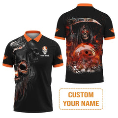 MaxCorners Orange Grim Reaper Customized Name 3D Bowling Polo Shirt For Men
