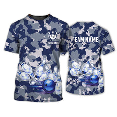 MaxCorners Bowling And Pins Navy Camo Pattern Customized Name, Team Name 3D Polo Shirt For Men