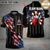 MaxCorners Bowling And Pins Black American Flag Smoke Customized Name, Team Name 3D Polo Shirt For Men