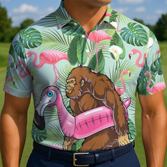 Maxcorners Bigfoot Flamingo Pool Party Golf Polo Shirt