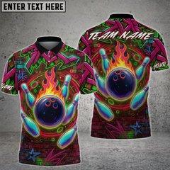 Maxcorners Bowling Shirt Neon Graffiti Bowling Flame Multioptions Personalized Name, Team Name Unisex 3D Shirt (4 Colors)