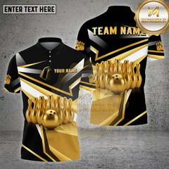 Maxcorners Bowling Shirt – Gold Bowling Pins & Ball Metallic 3D Design – Multi Options Personalized Name, Team Name 3D Shirt