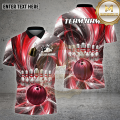 Maxcorners Bowling Shirt – Red Lightning Strike Ball & Pins Explosion 3D Design – Personalized Name, Team Name 3D Shirt